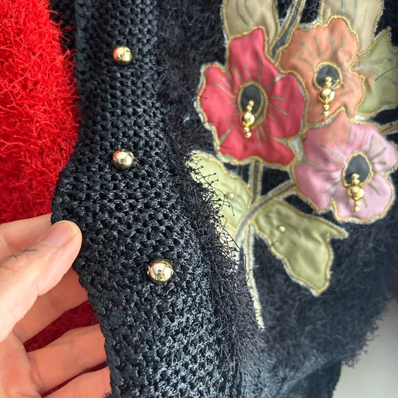 Vintage 80s 90s Red and Black Christmas Floral Patch Teddy Pullover Sweater XXL - Picture 14 of 16